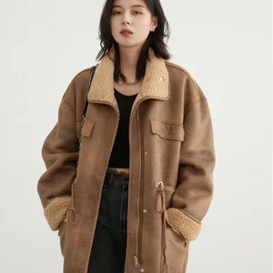 CHIC VEN-Jaqueta de camurça reversível grossa e quente feminina, casaco exterior de motocicleta, sobretudo feminino solto, monocromático, inverno, outono, 2023 10 principais vendas blusa de motoqueira feminina - №5