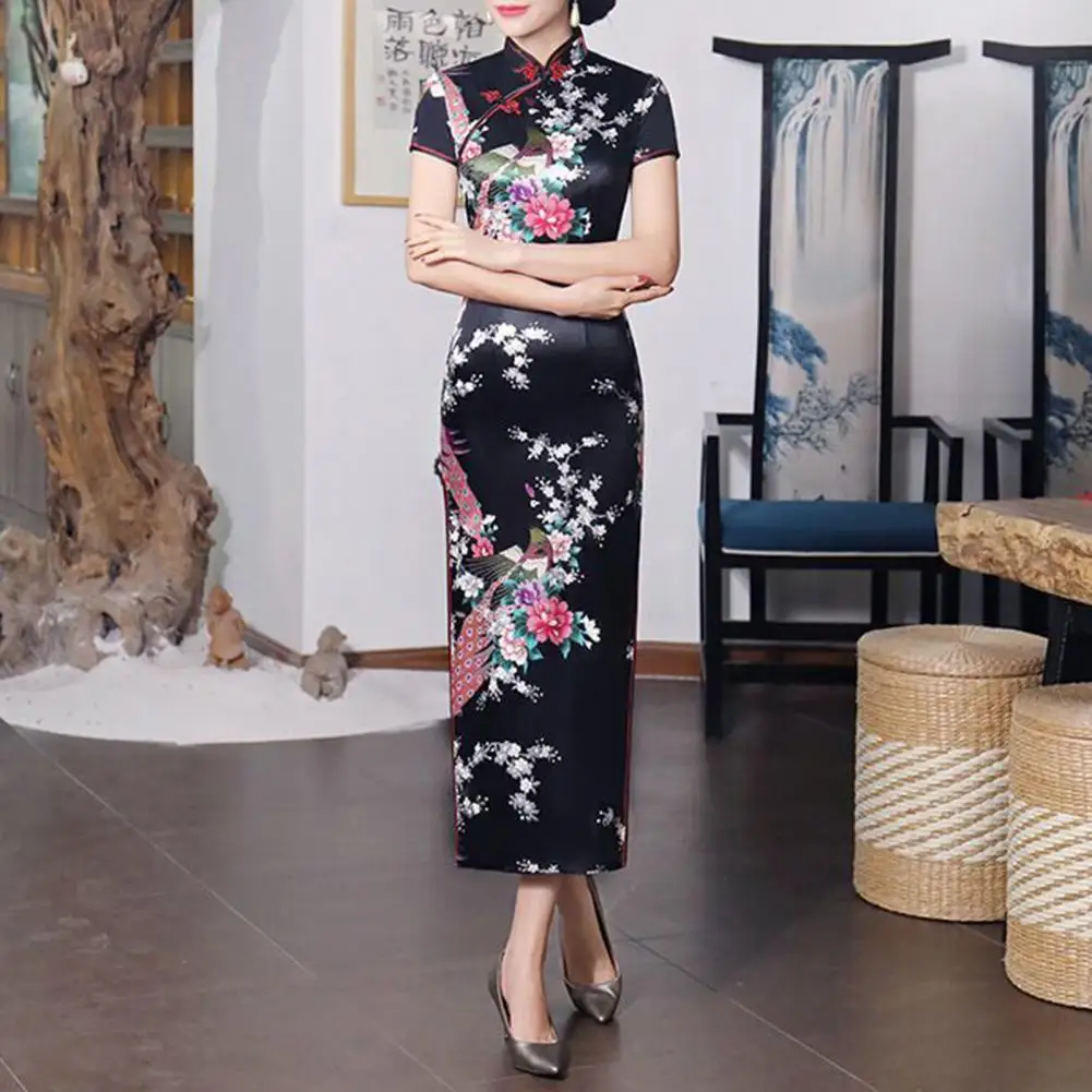 Gaun Cheongsam Cina gaya nasional cetak bunga kerah berdiri gaun Cheongsam dengan belahan sisi tinggi Cina untuk musim panas