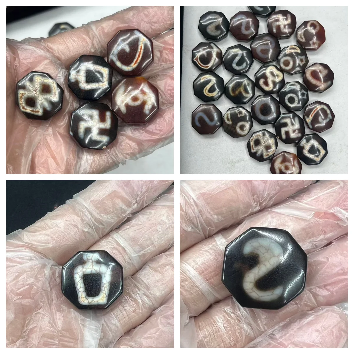 Old Material Calcified Fire-Offering Dragon Pattern 21*21mm Octagonal Agate Dzi Bead Taiwanese Craft Loose Beads for DIY Jewelry