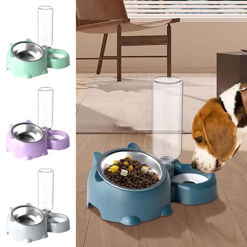 Double Dog Cat Bowls Water and Food Bowl Tilted 16 Degrees Cat Bowls with Automatic Water Bottle Pet Feeder Detachable supplies