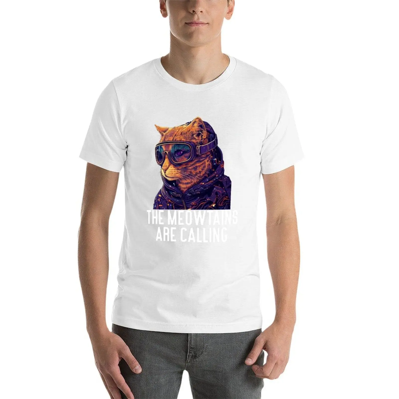 التزلج نداء meowtains-نظارات التزلج القط التزلج تي شيرت رجل تي شيرت جرافيك تي شيرت رجل القطن تي شيرت
