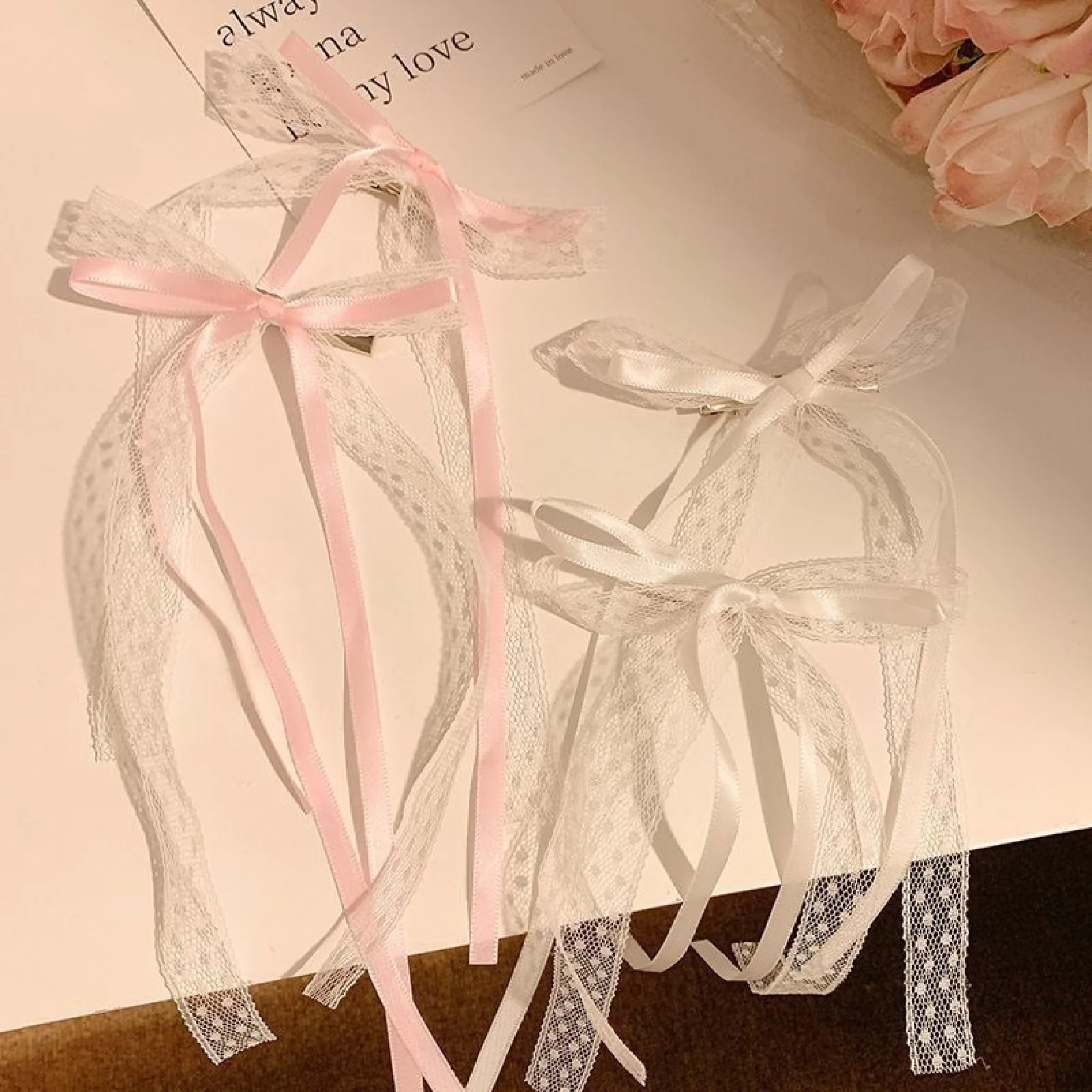 2PCS White, Lace, Ribbon, Hair Tie, Bow, Hair Clip, Female, Premium, Headpiece, Clips, Hair Accessories, Hair Cards