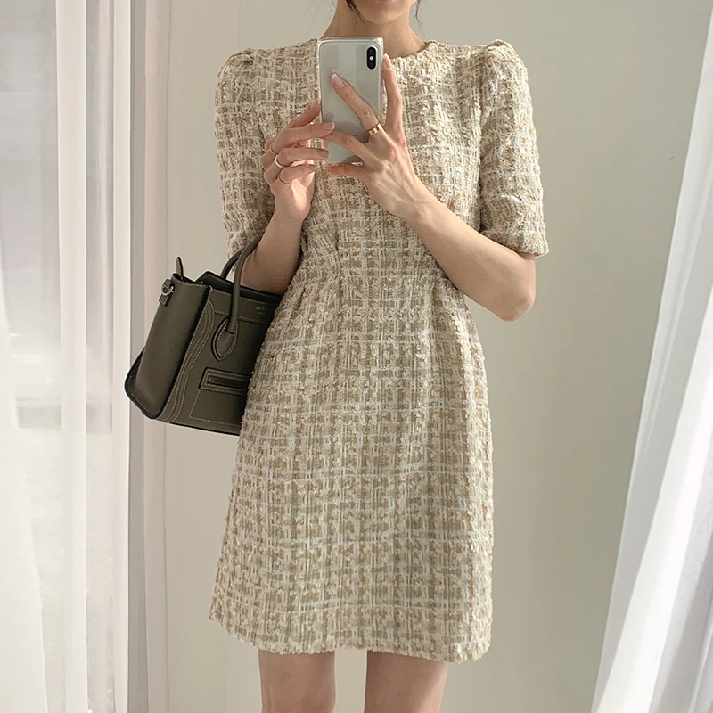 Vestido e de lana a cuadros para mujer, vestido corto de verano con cintura entallada, manga corta, cintura alta, esti...