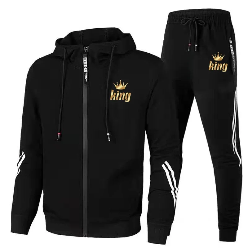 Newest Couple Fashion Zipper Tracksuit Long Sleeve Hoodie + Sports Pants Sets King Queen Pullover Tops Men Women Casual Outfit