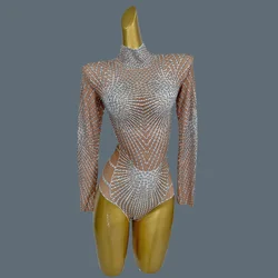 Sparkly Rhinestones Tight Leotard for Women Sexy Dance Performance Costume Singer Celebrate Stage Bodysuit Nightclub Wear Wudu
