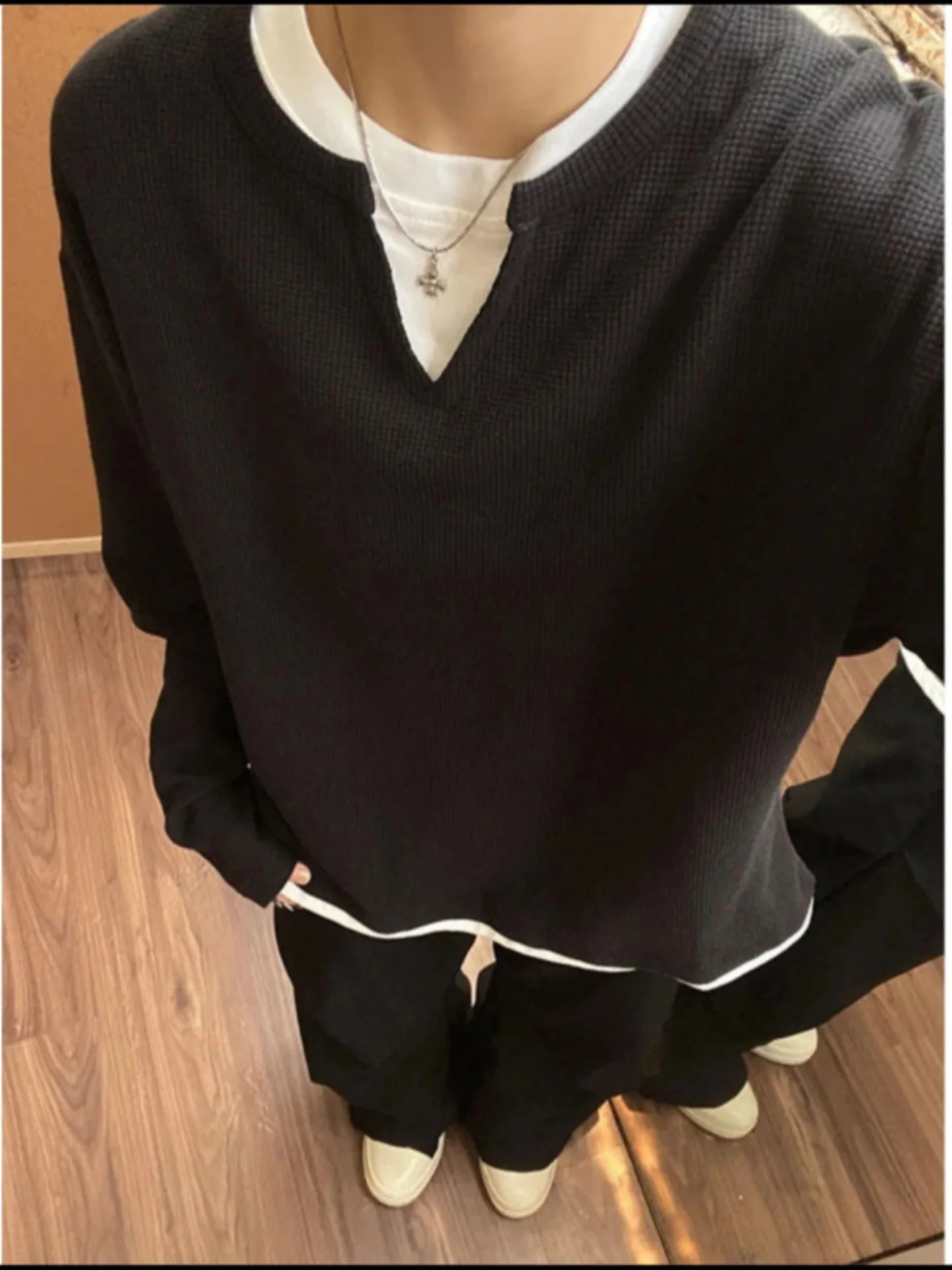 

Men's V-Ne Long Sve T-irt Double Layer Cleanfit Hoodie Henry irt Inner Wear Casual Loose Fit Polyester Fiber Autumn