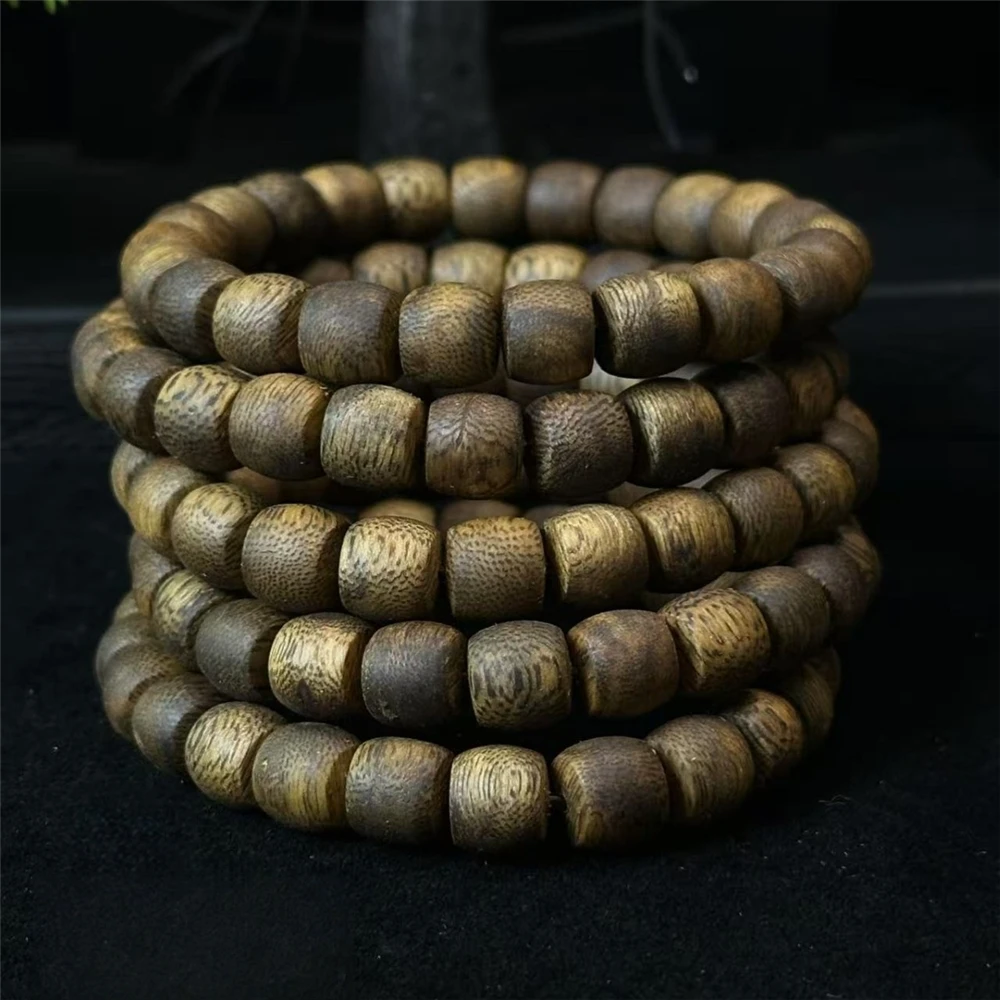 Authentic Green Kyara Agarwood Bracelet,9mm Drum Beads,Single-Circle,Chinese Ethnic Style&Minimalist Design,Vintage Prayer Beads