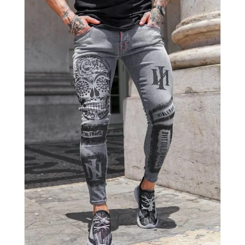 

Trendy Men's Stretch Denim Pants Slim-fitting and Thin Printed Gray Jeans Men's S-3XL Size Men's Clothing