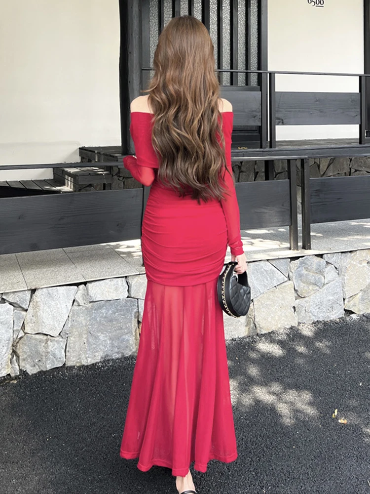 Femmes vêtements soirée rouge maille pure Sexy épaules dénudées maigre longue Robe élégante dame mode fête robes Robe de noël nouveau