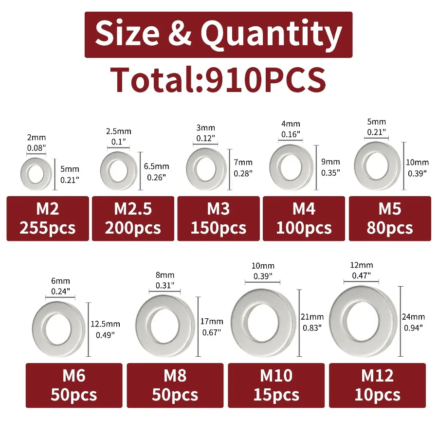 910/200pcs Flat Washers Assortment Kit (M2 M2.5 M3 M4 M5 M6 M8 M10 M12) Suitable for Home Decoration