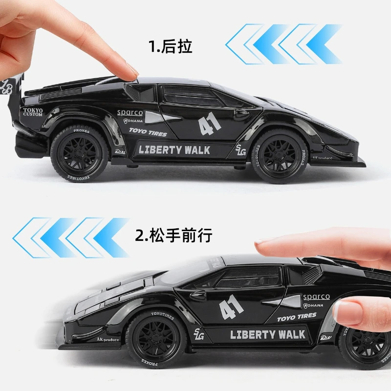 1:32 Countach LP500 LBWK, modelo de coche deportivo de aleación, sonido y luz extraíble, adorno de escritorio de oficina, juguete para niño