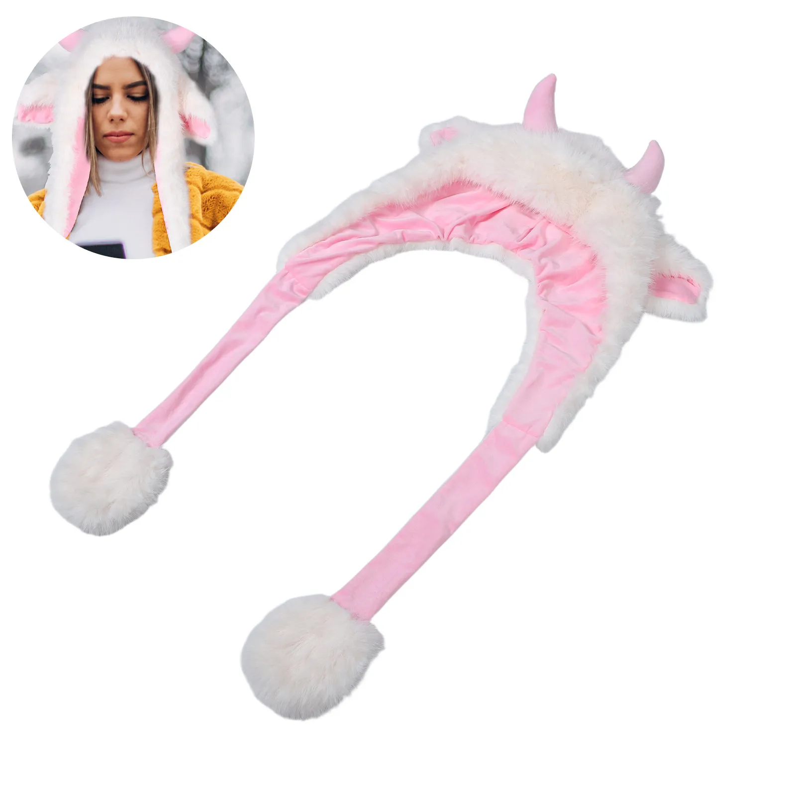 Warm Bull Horn Beanie with Scarf and Ear Cover Soft Comfortable Winter Hat for Teens Adults Animal Style Costume Party Wear
