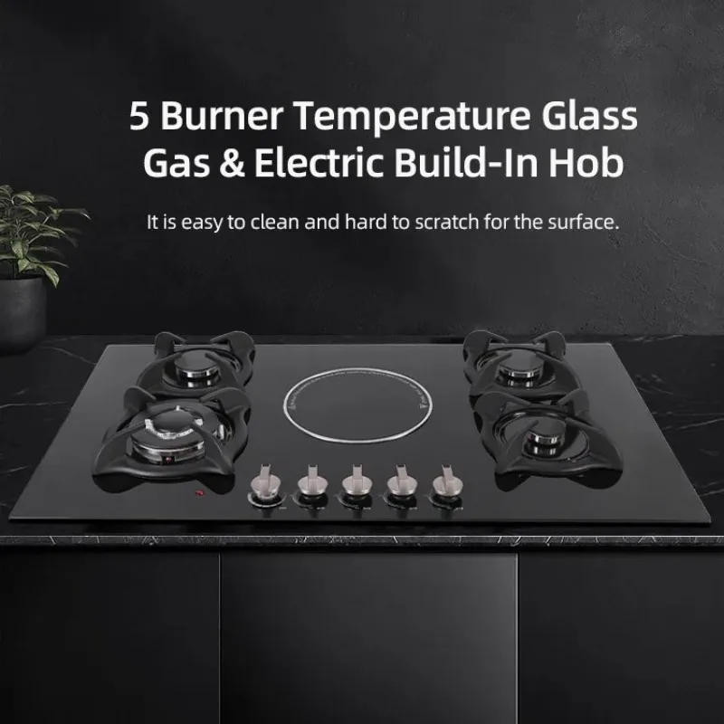 طباخ غاز من الزجاج المقسى 5 شعلات تعمل بالغاز والكهرباء، موقد غاز للطبخ