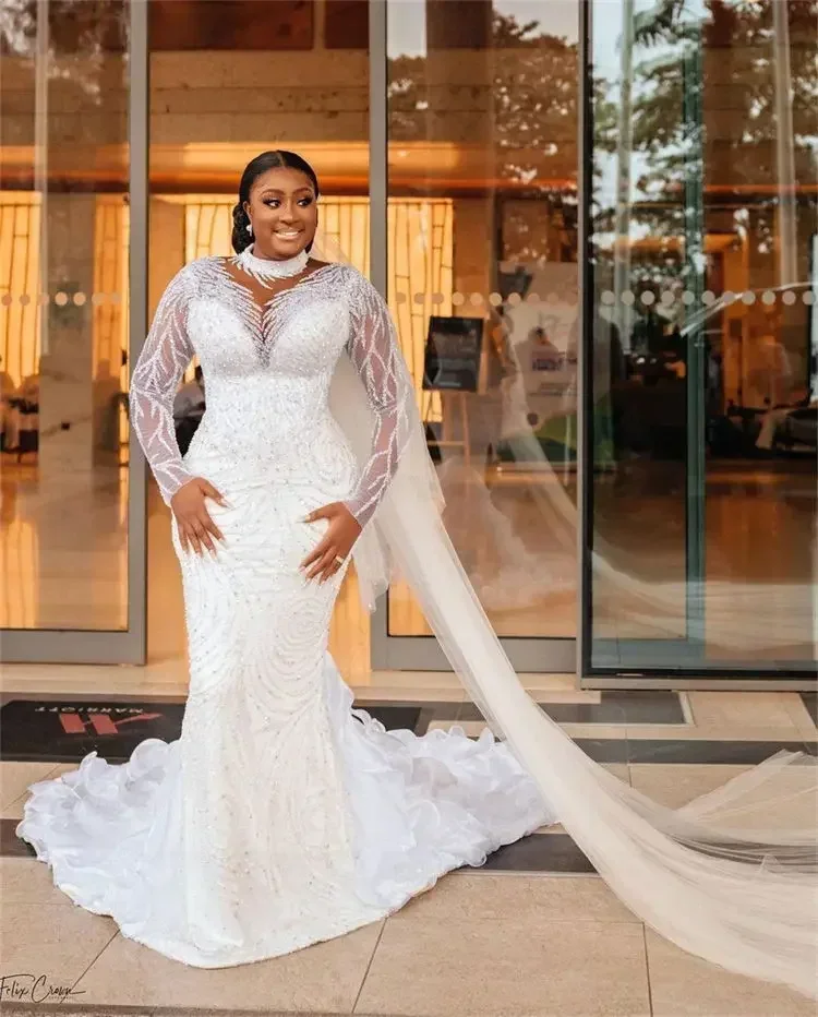 Customized Customize Luxury Mermaid Wedding Dress High Illusion Neck Beaded Heavy Crystals Long Sleeves Bridal Fish Tail Wedding