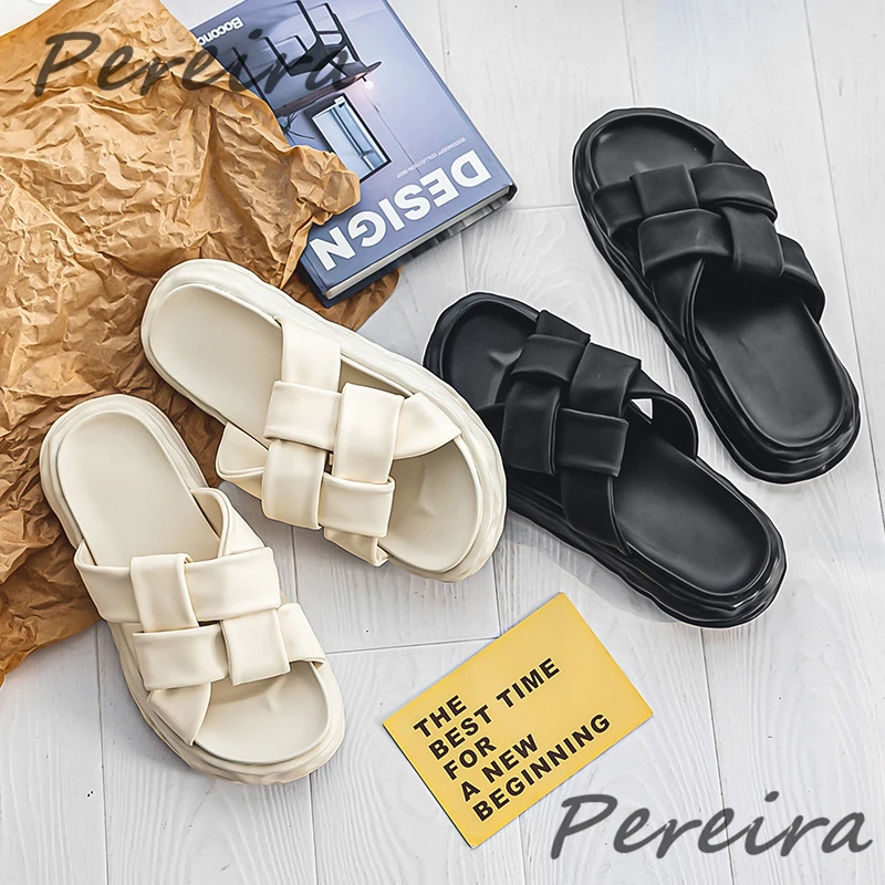 Black White Fashion Weaving Wedge Slippers Summer Platform Solid Thick Bottom Slipper Sandals Outdoor Beach Men's Casual Shoes