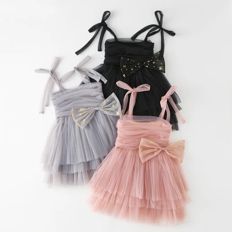 New 2024 Baby Girl Clothes Solid Color Cute Bow Tie Decoration Sling Lolita Baby Girl Dress Birthday Princess Puffy Dresses