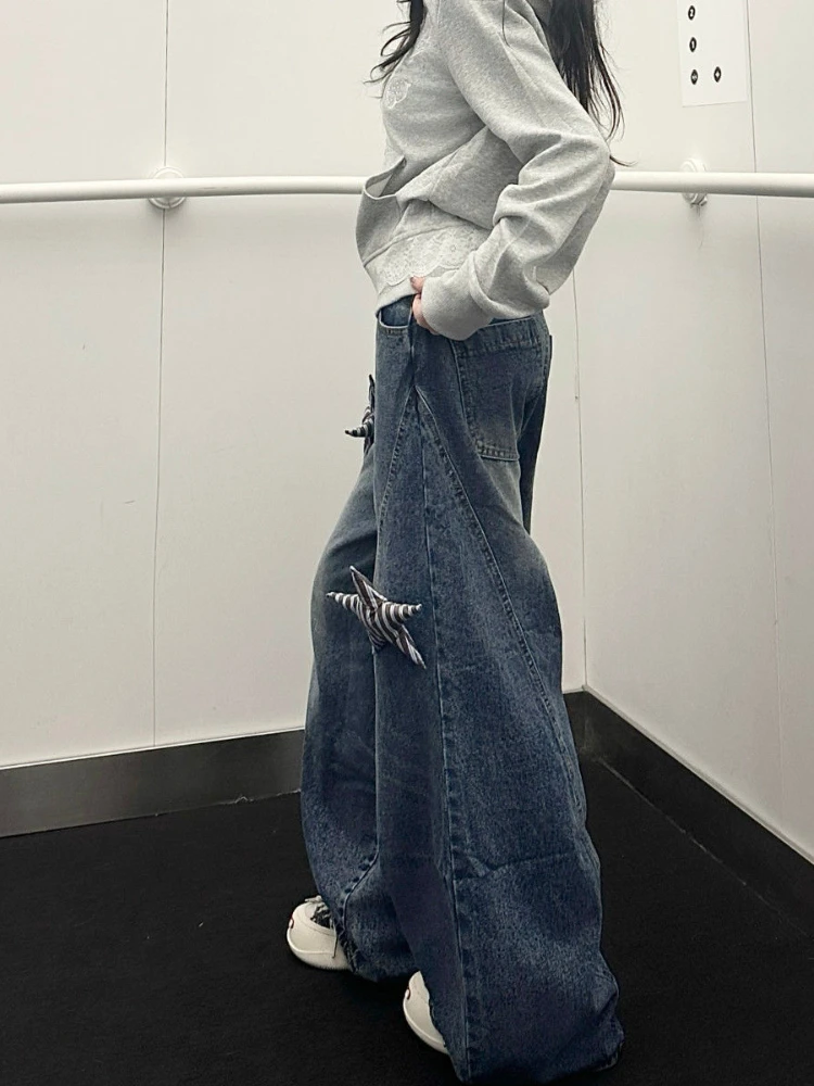 Dreidimensionale Sterndekoration Aufkleber gewaschen gebogenes Messer gerades Bein Cargo Jeans Frauen Herbst neue Straße lose Hosen