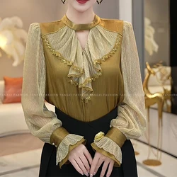 Women French Style Stylish Ruffles Lace Patchwork Shirt Office Lady Vintage Elegant Luxury Hollow Blouse Long Sleeve Loose Tops