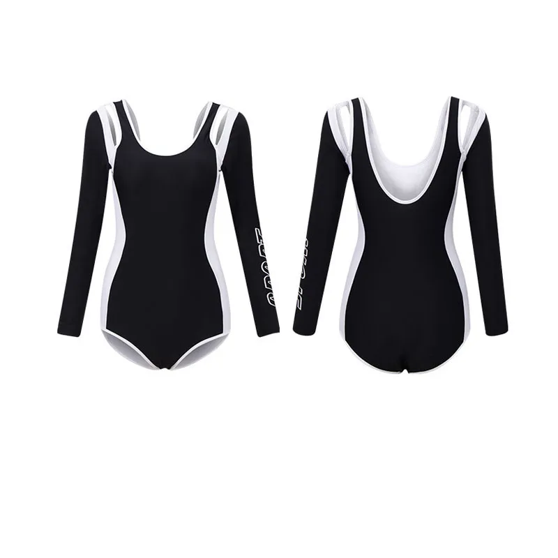 Womens Athletic Training Swimsuit Long Sleeve Rashguard One-piece  Swim Wear Bathing Suit Cutout Low Neck Beachwear Monokini