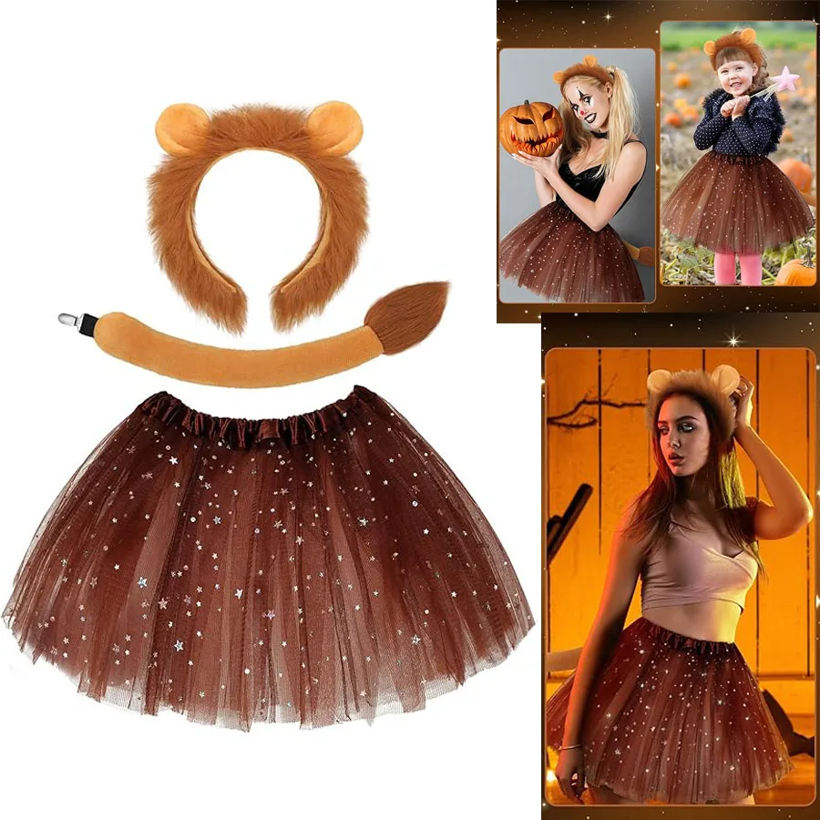 

Коричневый костюм животного льва для девочек и женщин, повязка на голову с ушками, юбка-пачка с хвостом и галстуком-бабочкой для Хэллоуина, платье на Рождество, Новый год