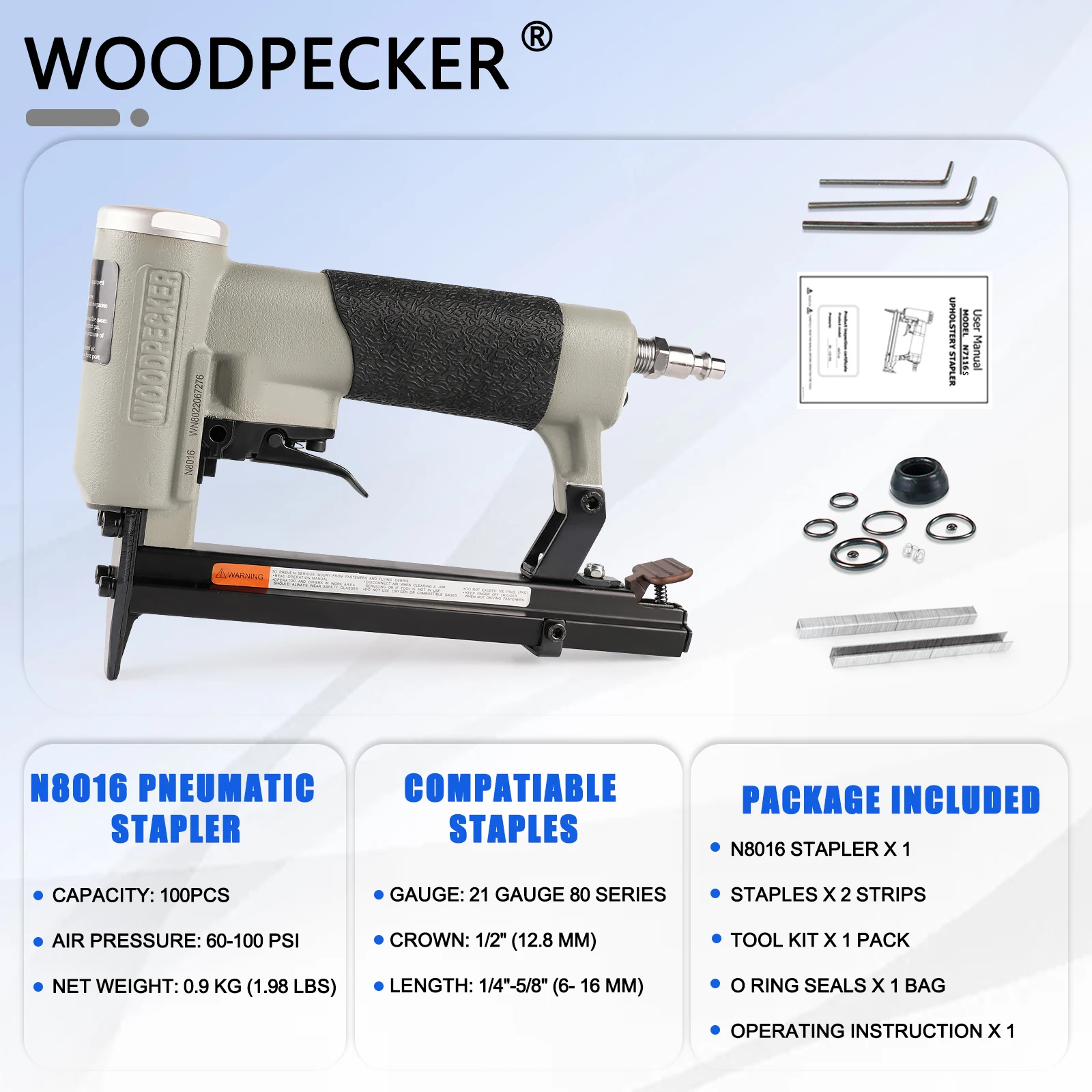 WOODPECKER N8016 21 Gauge Pneumatic Upholstery Stapler Power Tool, 12.8mm Crown 6-16mm Length Fine Wire Staples, for Woodworking