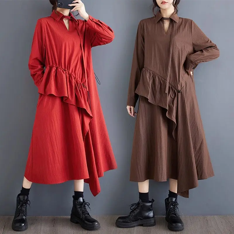 불규칙 플리츠 프릴 에지 원피스 롱 셔츠, 분위기 있는 라지 사이즈 여성복, 루즈한 패션, 2024 가을 신상