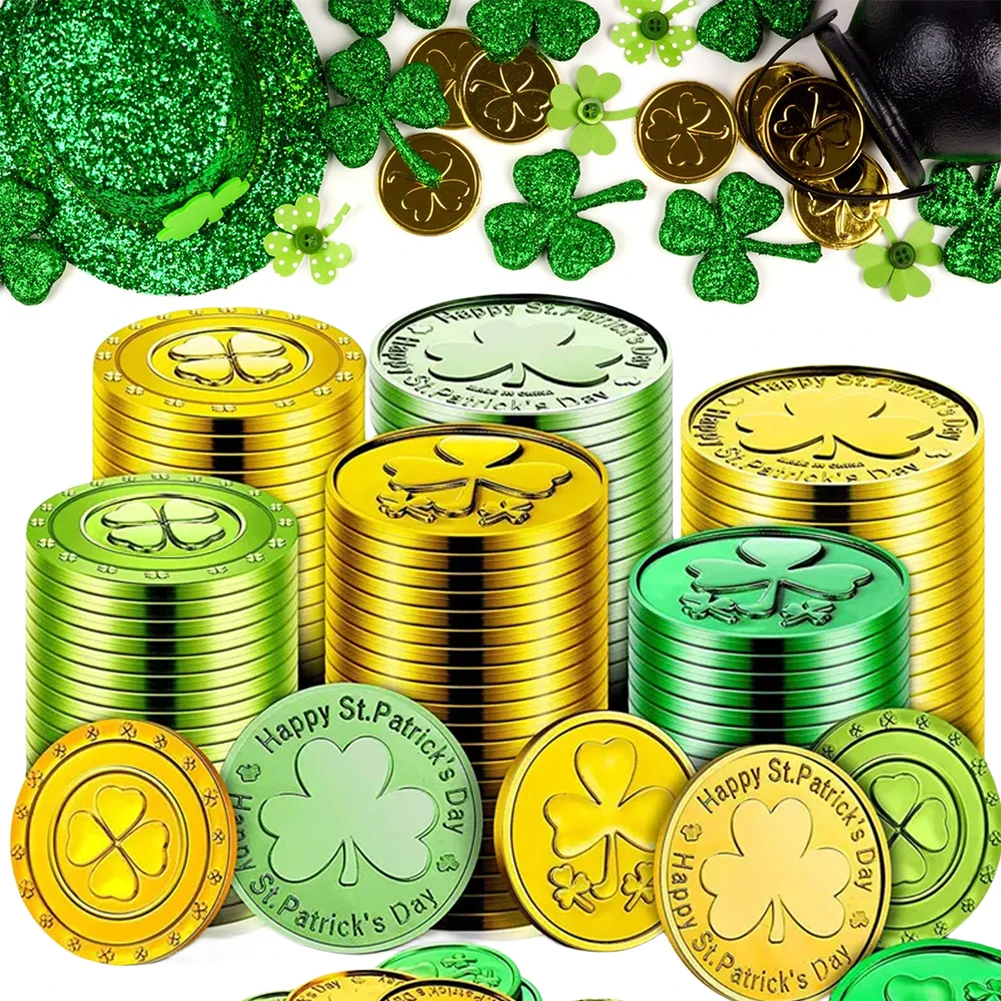 50pcs/100pcs Plastic Shamrock Coins Table Decors St Patricks Day Lucky Coins Green and Gold Lucky Coins Toy Gift for Party Use