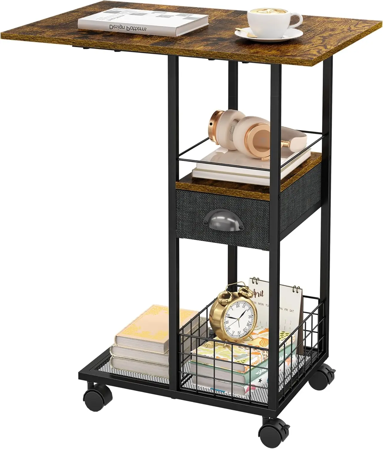 

Mobile C-Shaped Side Table with Wheels, Wood Top & Drawer for Bed or Sofa, Living Room Use