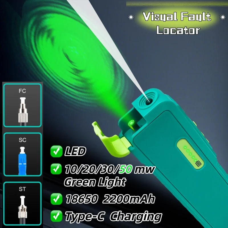 Rechargeable18650 2200mAh 50mw VFL Fiber Optic Green Light Pen Tester Visual Fault Locator 10/20/30/50KM Chargeable Laser 2.5mm