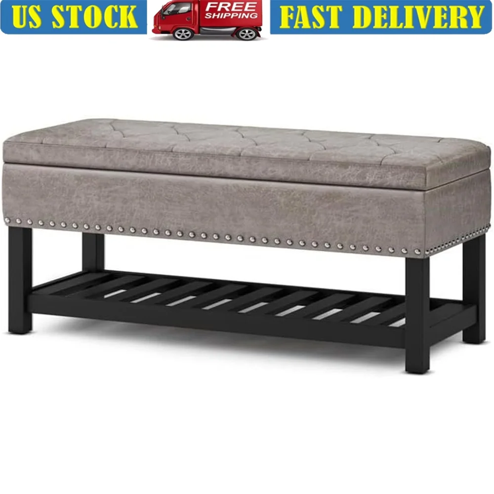 

44 Inch Wide Rectangle Storage Ottoman Bench Multi-Functional Upholstered Vegan Faux Leather Lift Up Lid with Child Safety Hinge