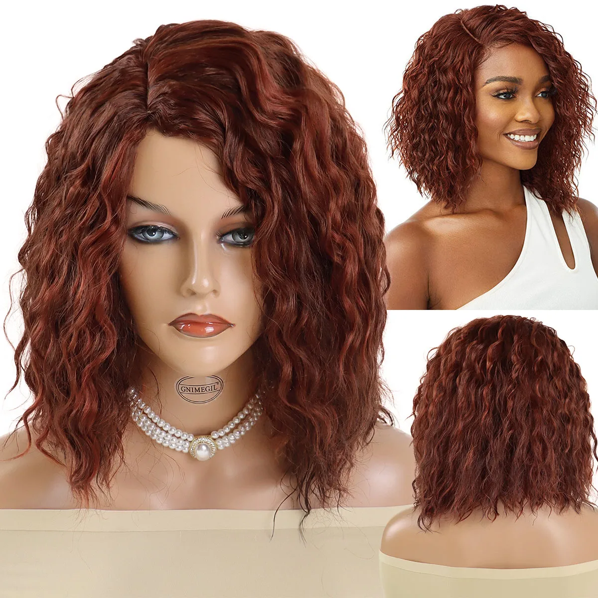 

Synthetic Short Curly Wig for Women Lady Stylish Auburn Bob Wigs Heat Resistant Natural Fluffy Side Parting Fake Hair Cosplay