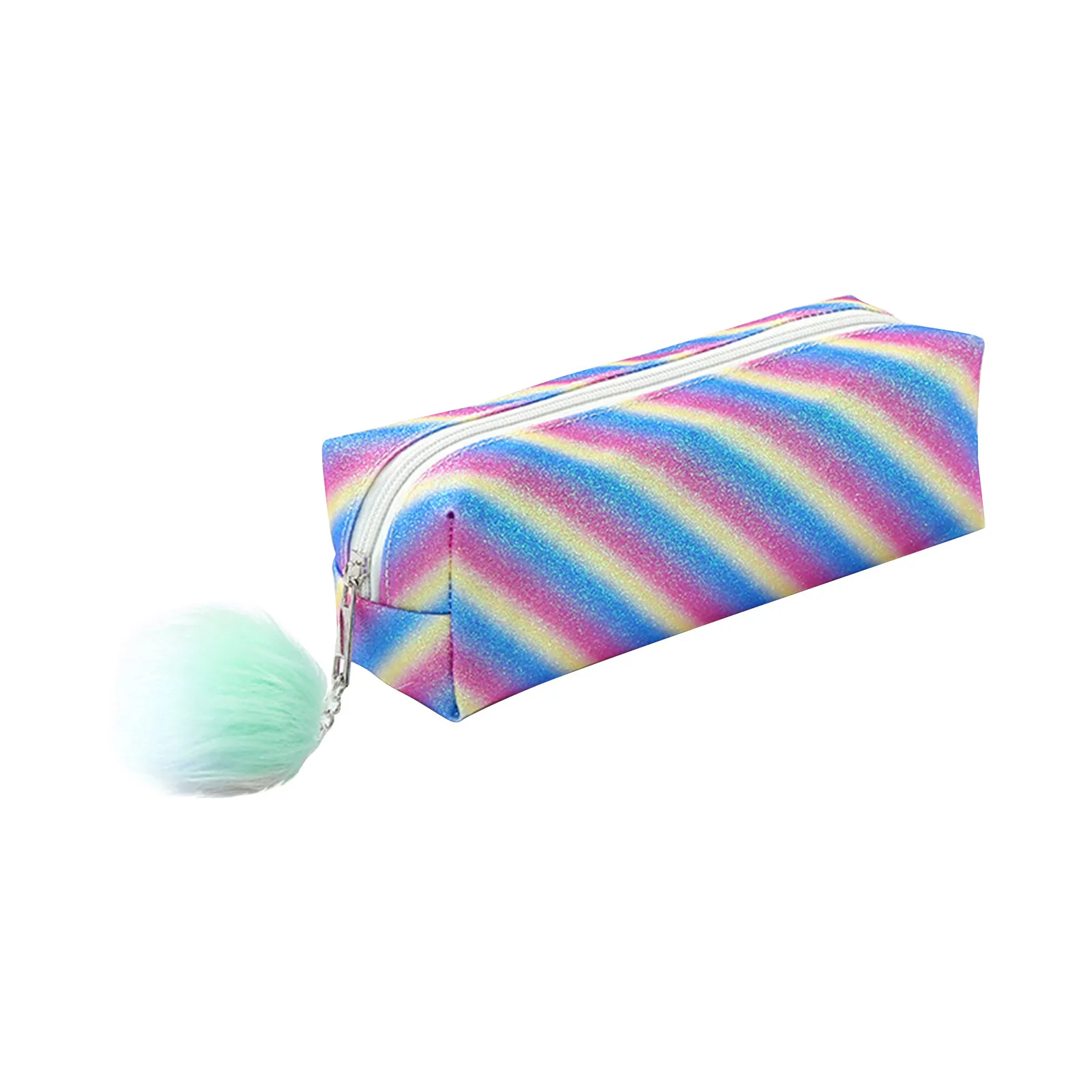 Rainbow Glitter Pencil Case Cute 3D Pom Pom Zipper Bag Large Capacity Canvas Pen Pouch for Girls School Supplies