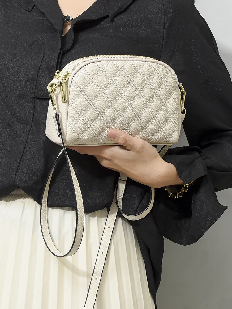 

Faionable Double Zipper Multi-Layer Diamond Leather Crossbody Bag Women's Single oulder Small Bag Cowhide Digui