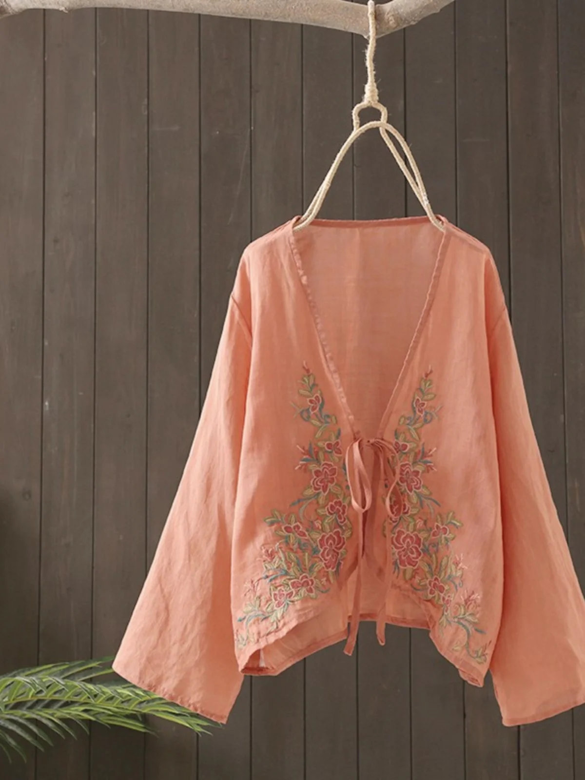 Retro Cotton Linen Embroidered Shirt Women's Spring Summer New Style Belted Sun Protection Short Coat V-neck Nine-point Sleeve