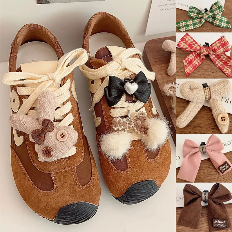 Autumn Winter Christmas Shoelaces Buckle Leather Hairball Plush Bow Ornaments Men Women Personality Casual Shoe Laces Decorative