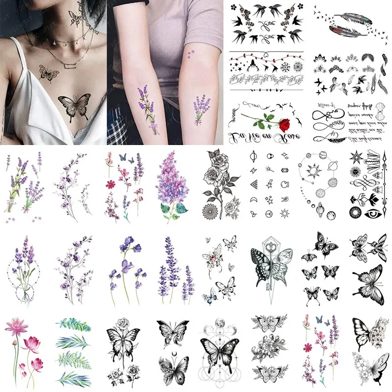 10pcs Color Lavender Small Fresh Waterproof Temporary Tattoo Sticker Line Butterfly Flower Tato Neck Women Men Kids Fake Tattoos