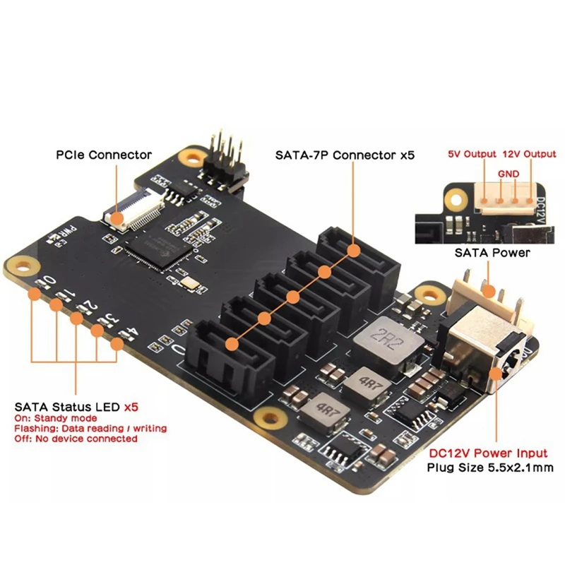 X1009 Pcie To 5-Port SATA Shield HDD Expansion Board SATA3.0 Expansion Board With Case For Raspberry Pi 5