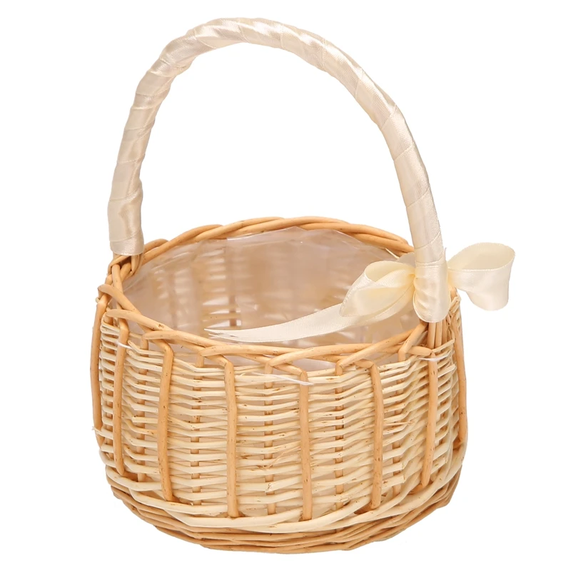 

A25F-Woven Flower Basket Rattan Storage Basket Flower Girl Hand Basket Handmade Flower Basket With Bow