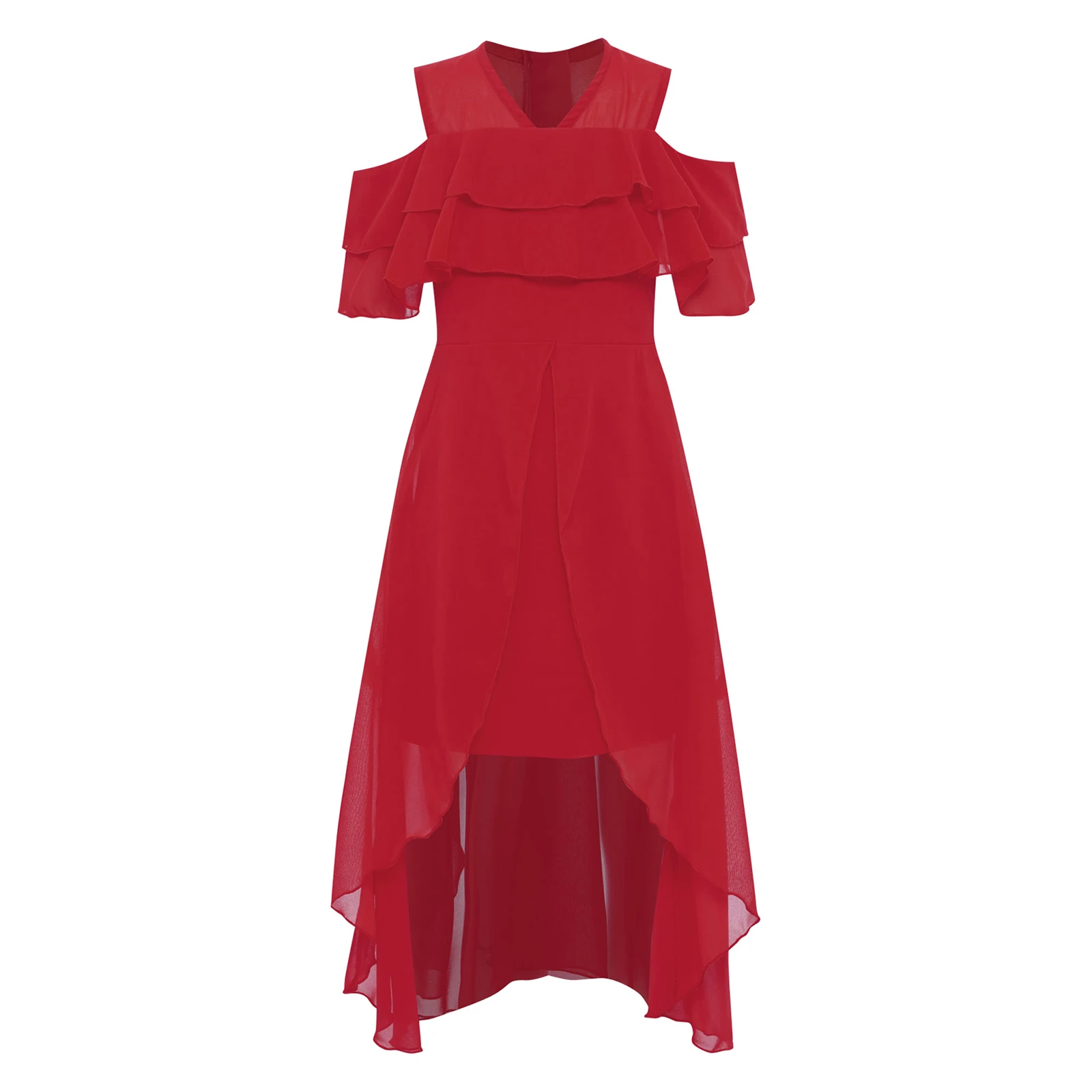 

Summer Chiffon Dress Princess Dresses Kids Girls V-Neck Ruffled Sleeves Solid Color High-Low Dresses for Wedding Birthday Party