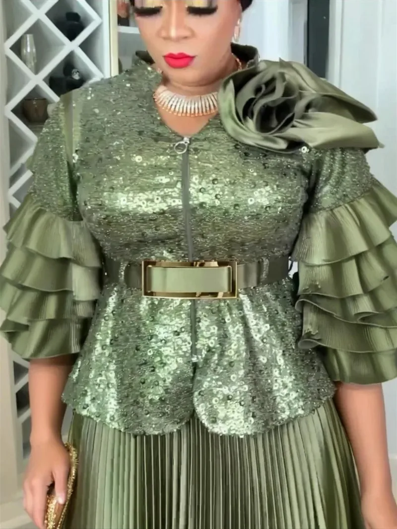 

2025 New Dashiki 2 Pieces Set African Women Fashion Sequin Tops And Skirts Suits Plus Size Turkey Wedding Evening Party Dresses