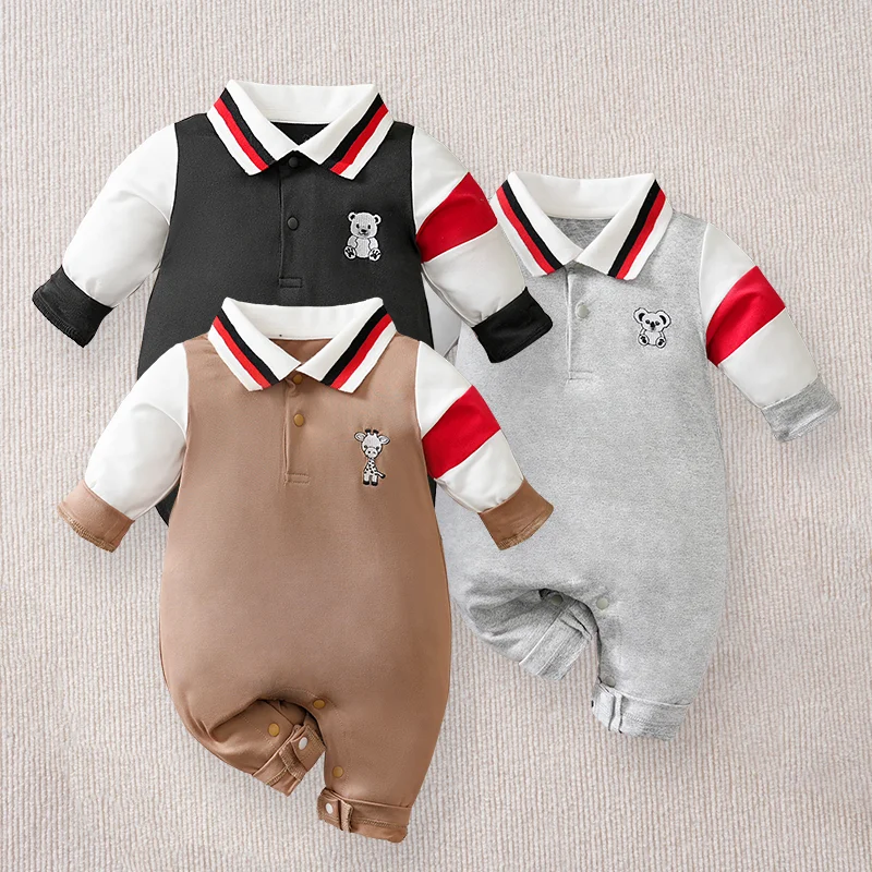 Newborn Long Sleeve Polo Collar Romper Cartoon Embroidery Color Block Baby Jumpsuit Multi Color Infant Outfit