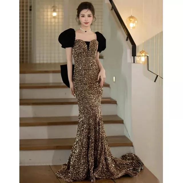 

Champagne Evening Dresses Bow Senior Puff Sleeves Luxury Beading Floor Length Sexy Cocktail Formal Bridesmaid Prom Gown 2024