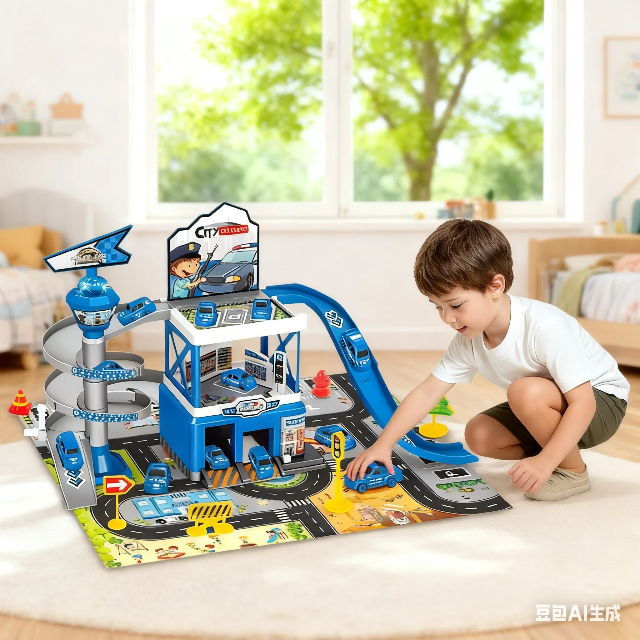 DIY Assembled Track City Parking Lot Lights Rail Car Inertia Vehicle Engineering Car Toys with 3 Piece Alloy Race Car Boys Gift