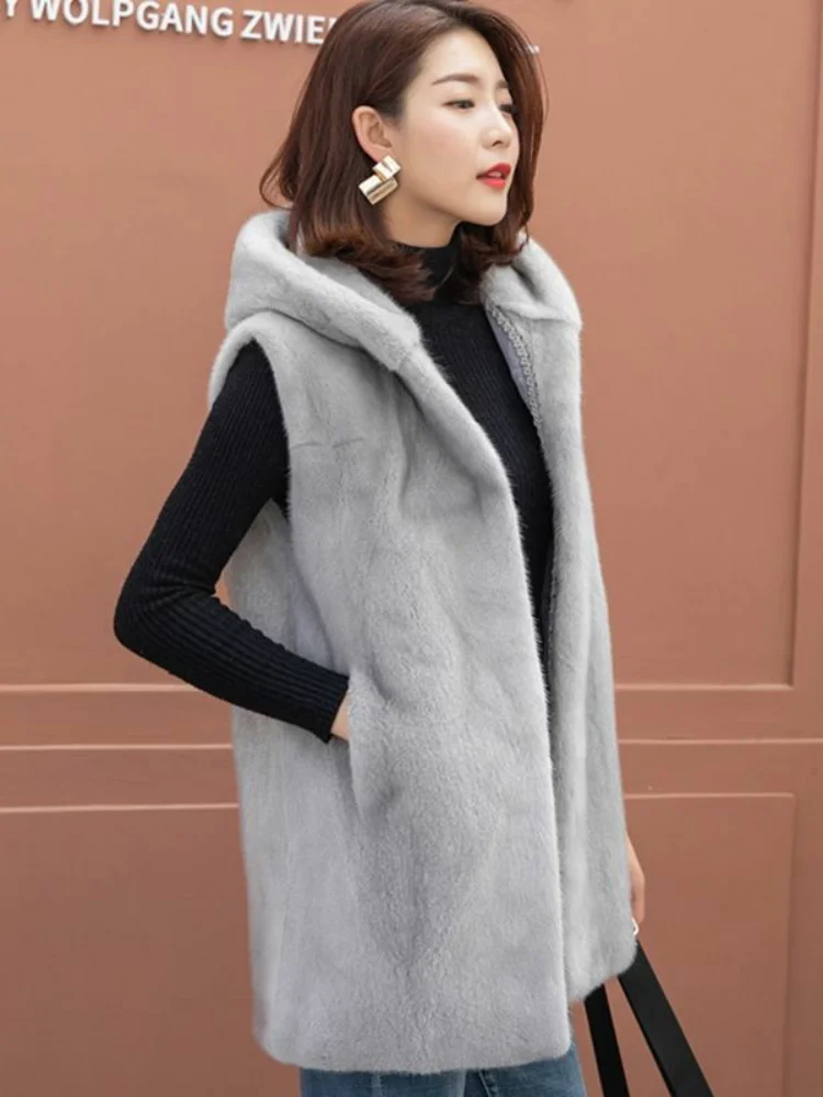 

Женский осенне-зимний жилет-куртка с искусственным мехом, простой, но модный, в корейском стиле, с капюшоном, средней длины