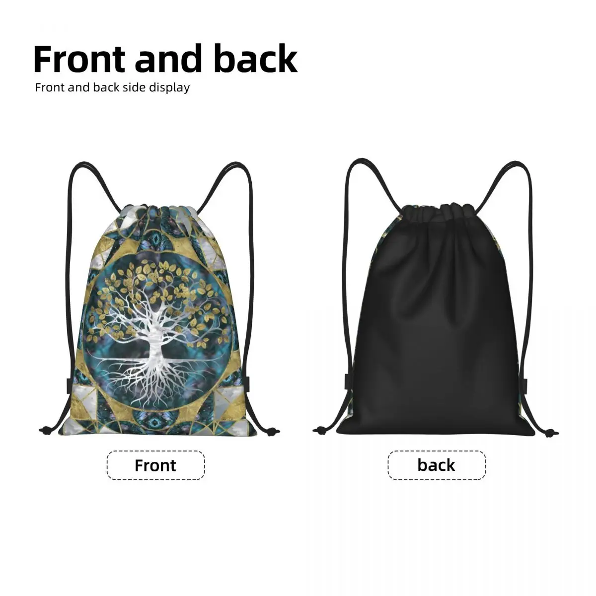 Custom Tree Of Life Marble And Gold Drawstring Bag Women Men Lightweight Vikings Yggdrasil Sports Gym Storage Backpack