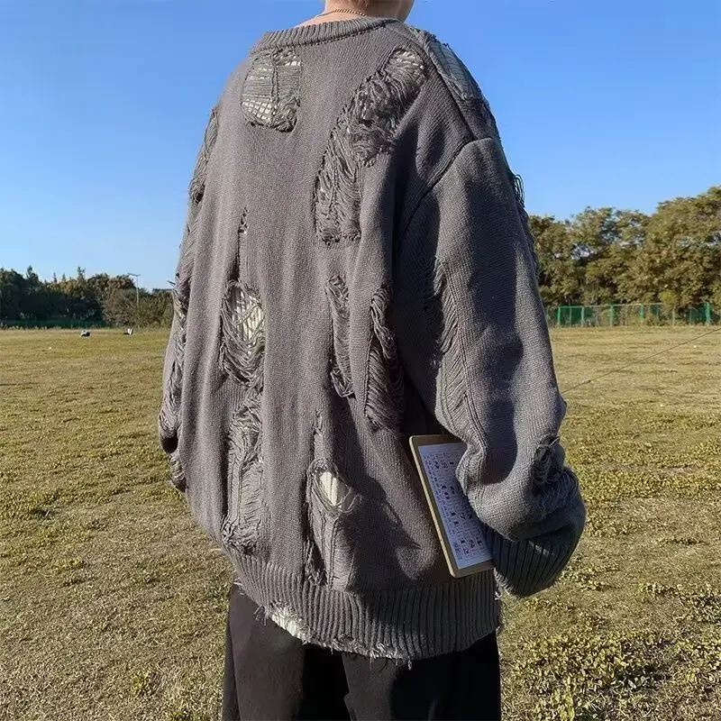 y2k Loose Fit Hole Sweater Mens Autumn Vintage Design Casual Long Sleeve Knit Tops High Street Fashion Pullover Knitwear Male