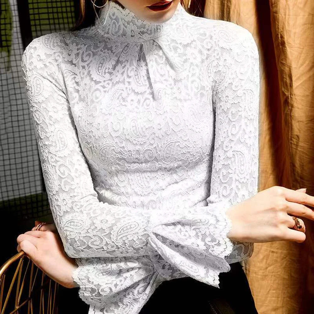 S-2XL Women Sexy Perspective Lace Shirt Paisley Flower Lace T Shirt Stretch Bell Sleeve Blouse Tops Pink Green Ladies Blouses