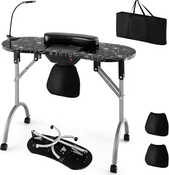 Image Nail Table for Nail Tech, Portable Manicure Table with Electric Dust Collector, USB-plug LED Lamp, Wrist Rest, 4 Lockable Wheels