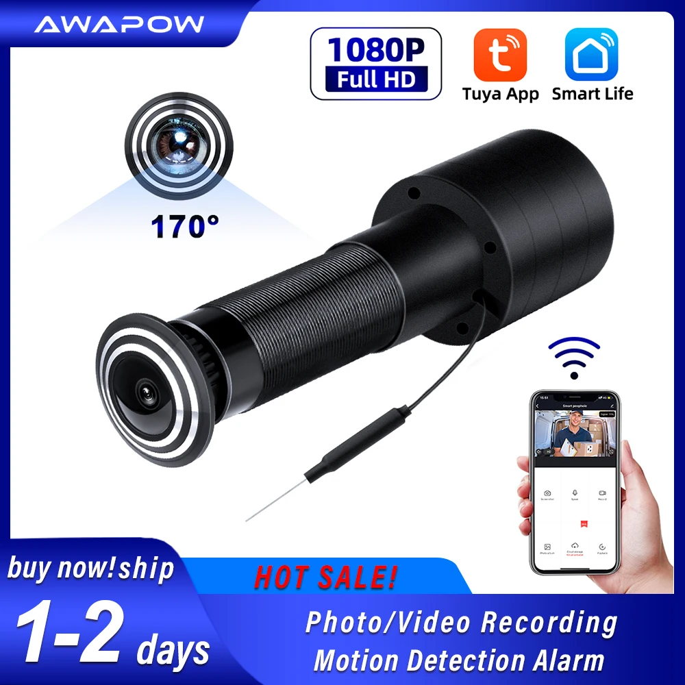 Awapow WiFi Door Eye Camera Mini Door Peephole 1080P HD Camera 170° Wide Angle Lens Peephole Motion Detection Video Recording