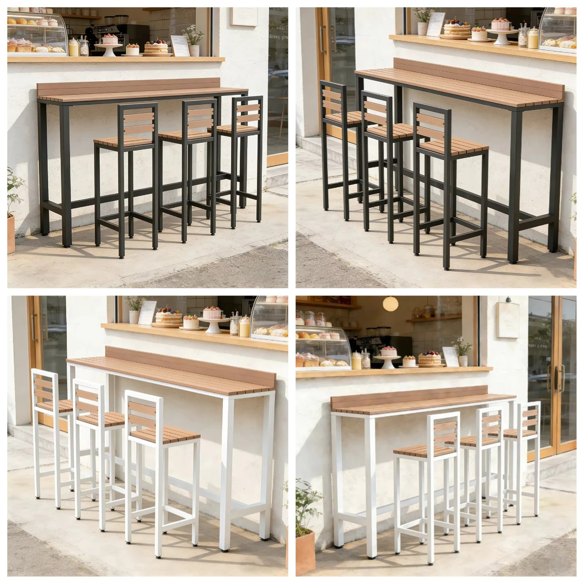 Commercial Outdoor Bar Table Set, Wall-Mounted Long Table with High Chairs for Cafe, Shop & Balcony